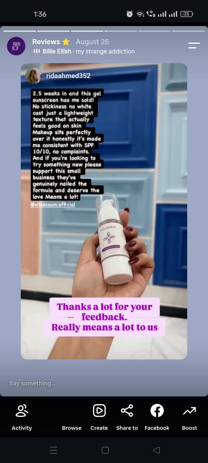 Instagram review from ridaahmed352 about the gel sunscreen