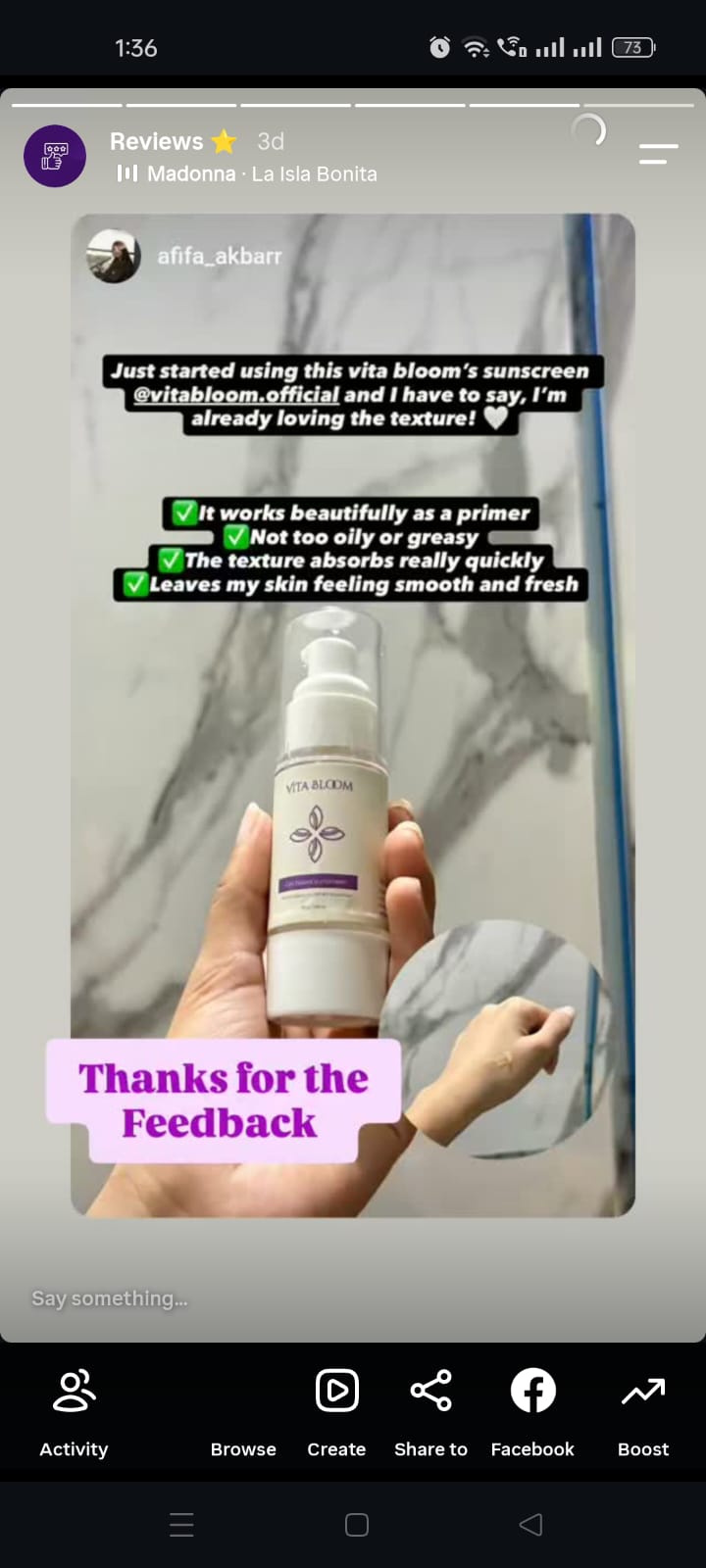 Instagram review from afifa_akbarr about the sunscreen texture
